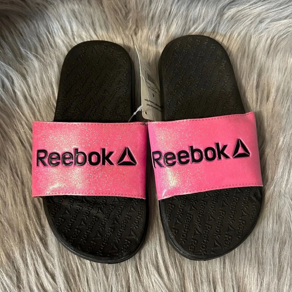 Reebok‎ Slides Girls Size 4 Pink Black Sparkly Glitter Slip On Sandals Shoes